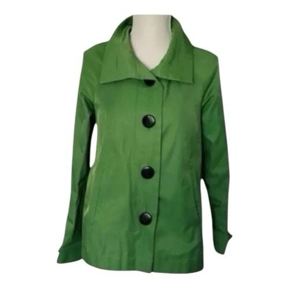 Gallery Petite Rain Trench Coat Size Small Petite Green Cotton Blend Button Up
